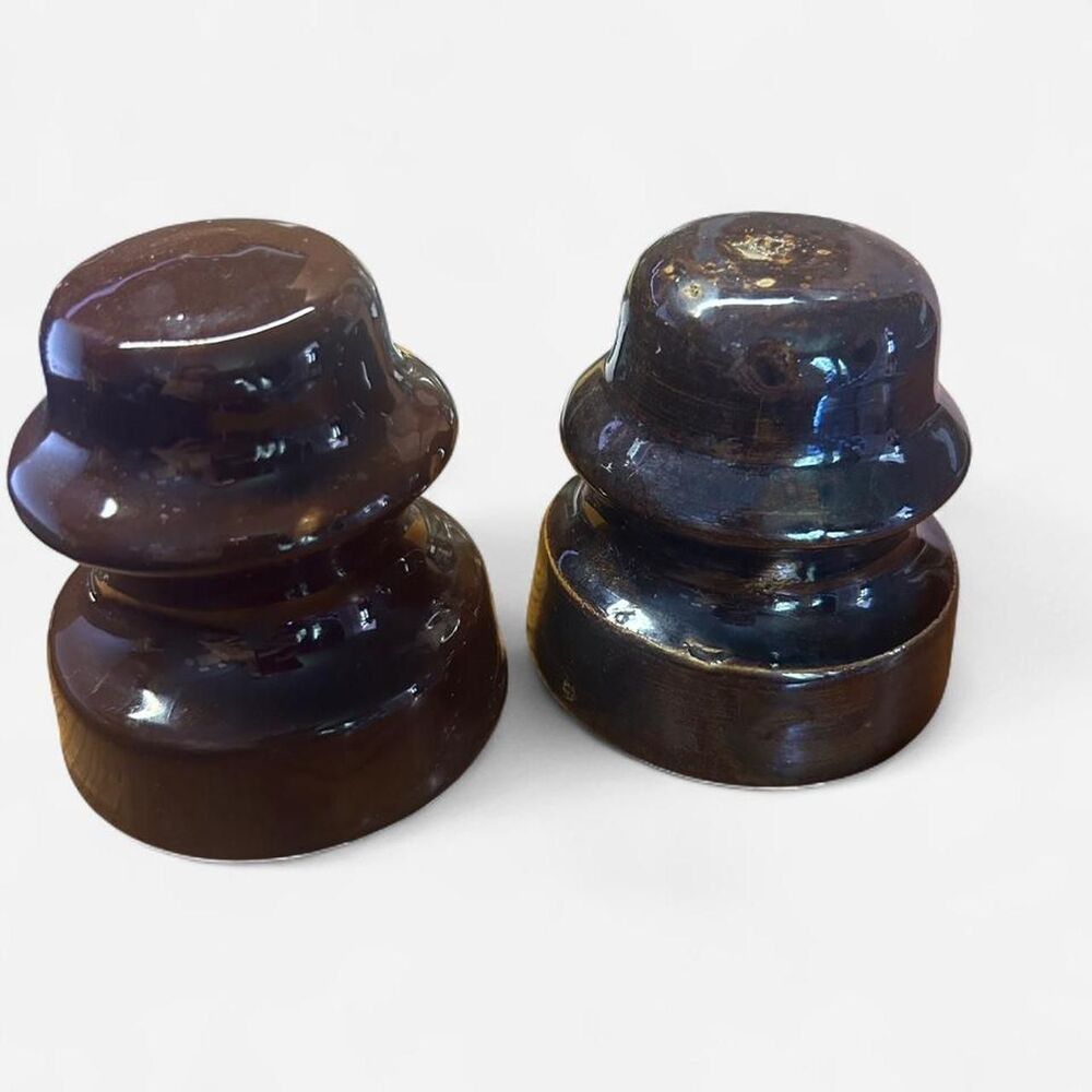 Set of 2 Vintage Brown Glaze Ceramic Electrical Insulators